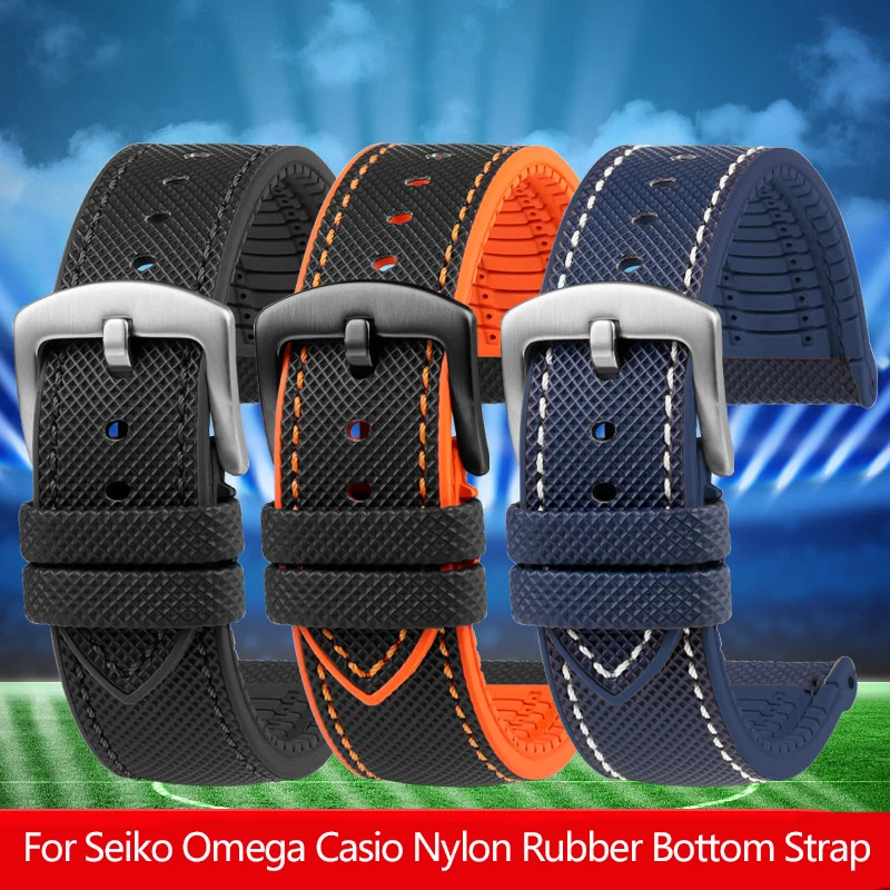 Nylon Carbon Fiber Plaid Silicone Bottom Watchband Strap for Seiko PROSPEX Omega Casio Sports Rubber Bracelet 20mm 21mm 22mm