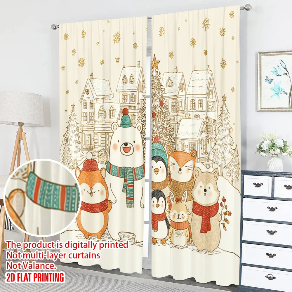 2 قطعة 2D الطباعة المسطحة عيد الميلاد سعيد أزياء الستائر لطيف عيد الميلاد الحيوانات الثلج عطلة الرقمية المطبوعة البوليستر #5