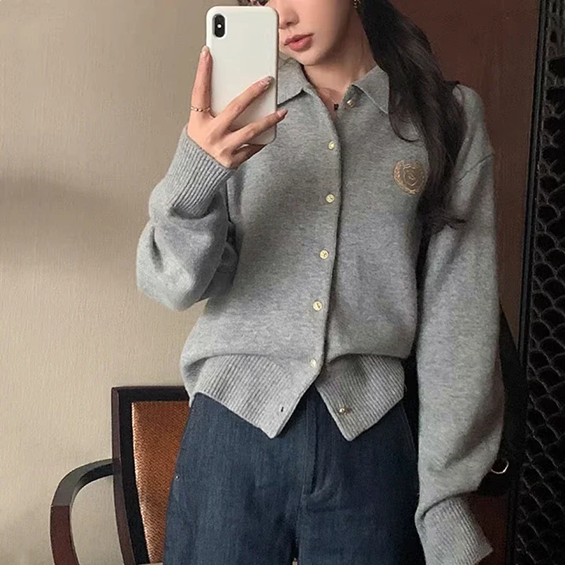 American Vintage Cardigan Sweater for Women Varsity Brand Badge Embroidery POLO Shirt Loose Winter Coat Autumn Winter Streetwear