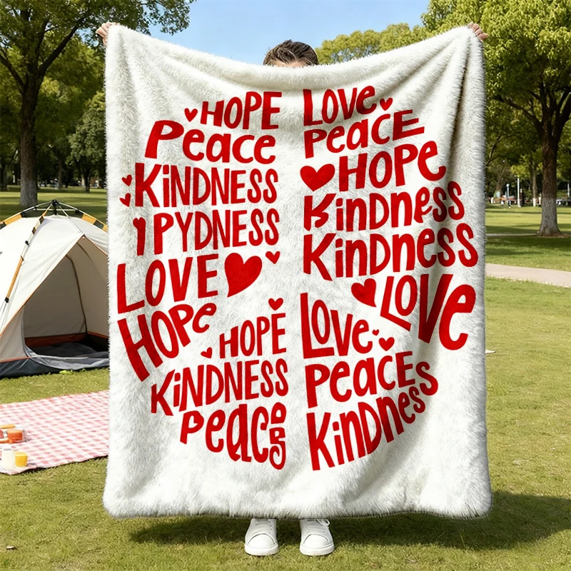 Hope Peace Kindness Love Flannel Blanket, Retro Peace Sign Heart Flannel Throw, Positive Message Cozy Blanket