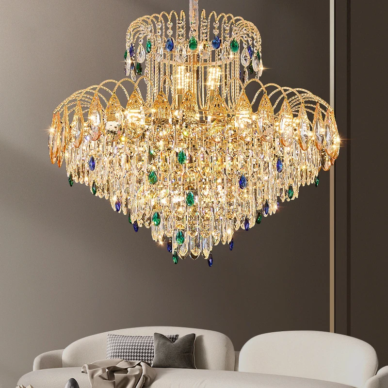 

New Style European Luxury Atmosphere Colored Crystal Gold Lamp Body Chandelier Living Room Main Lamp Dining Room Bedroom Lamp