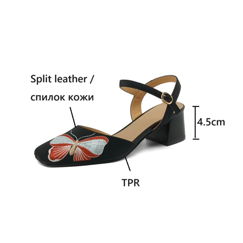 NEW Summer Women Sandals Split Leather Shoes for Women Square Toe Chunky Heel Shoes Cover Toe Slingback Sandals Embroider Shoes