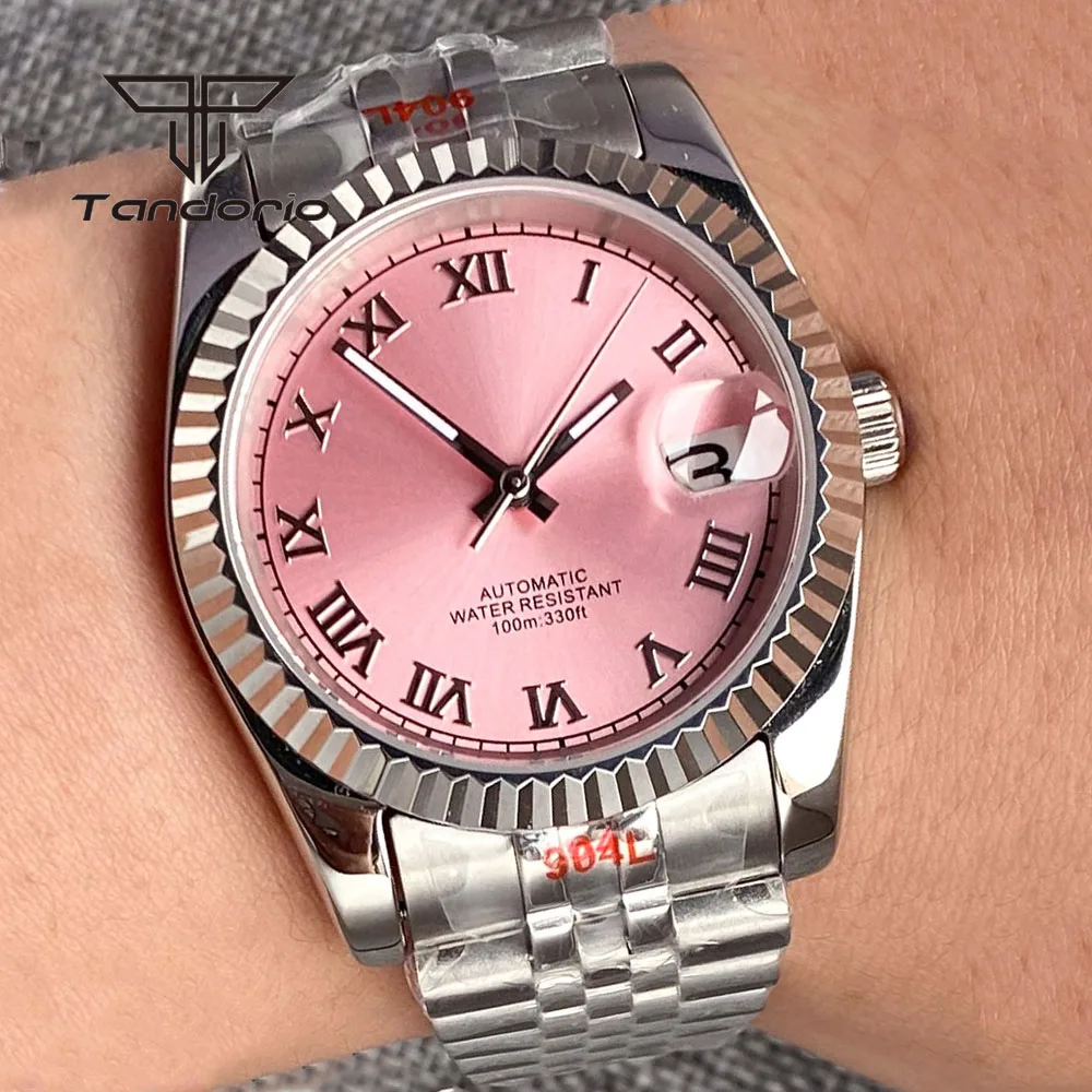 

Tandorio Pink Sunburst Dial NH35 36mm/39mm Mechanical Automatic Watch for Men Lady Roman Marks Sapphire Crystal Date Luminous