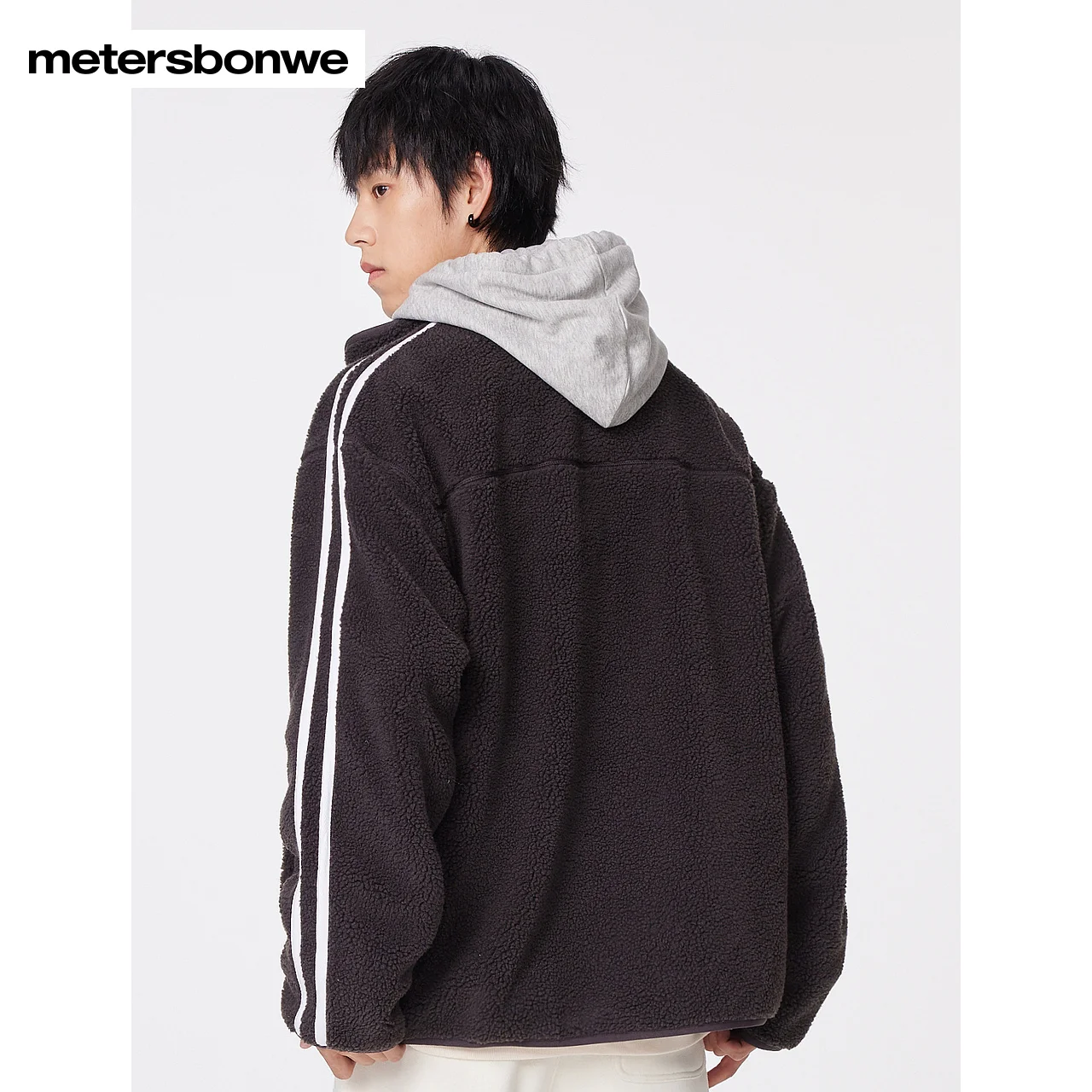 Metersbonwe-Men's Stand Collar Imitation Lamb Wool Jackets Front Embroidery Drawstring Design Coat Youth Go Everything Winter