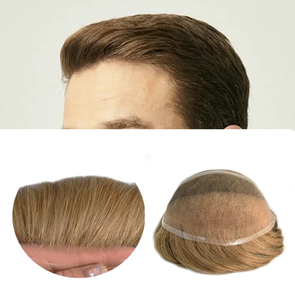 Half Frenc Lace Front Toupee for Men with Fine Mono Around Clear Poly Men Wigs Hand Tied Blonde Light Brown Human Hair System