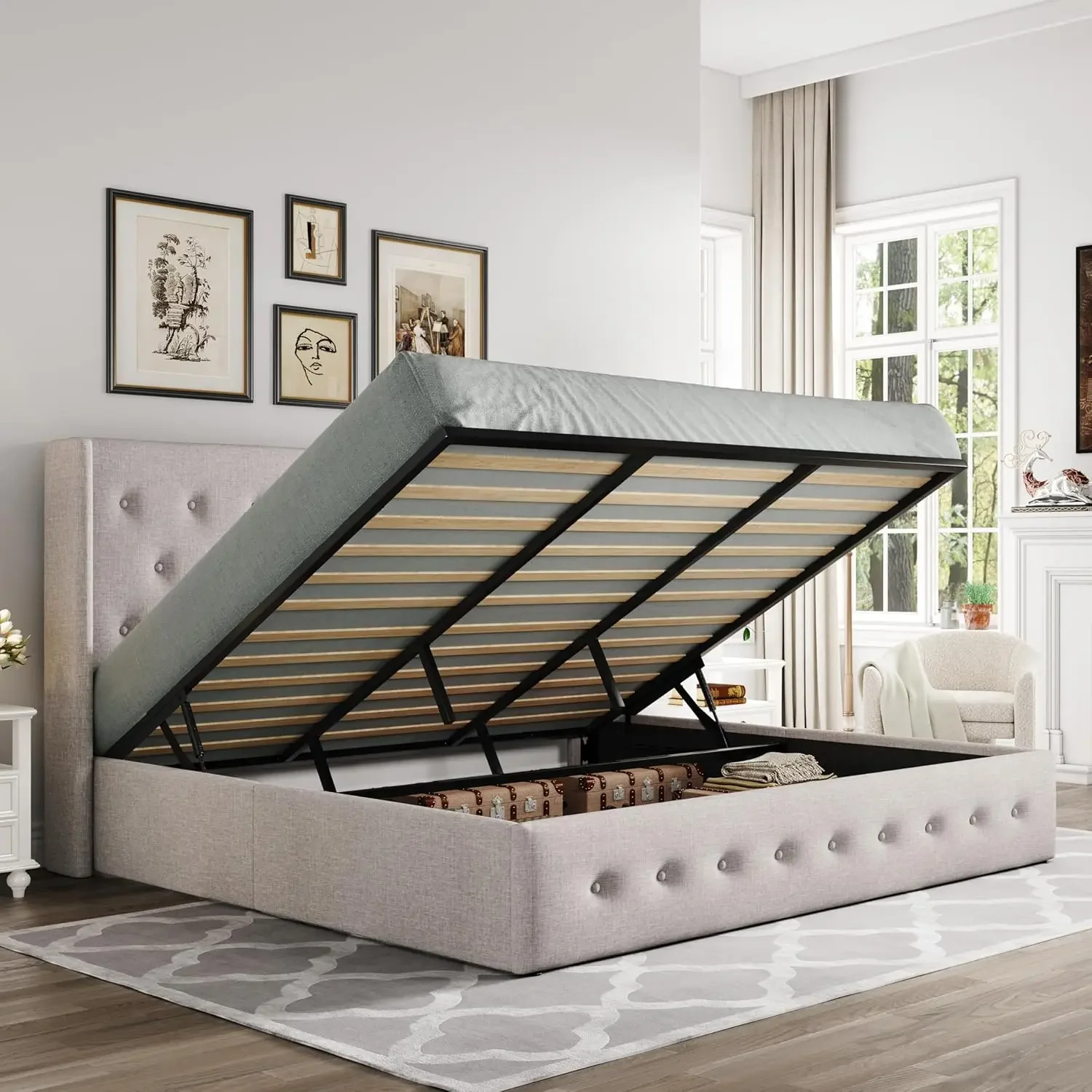 [شحن مجاني، صفقة ساخنة! سرير تخزين قابل للرفع بحجم كينج من Allewie، لوح رأسي معنقدة بأزرار مع ظهر مجنح، دعم هيدروليكي، بدون Bo #2