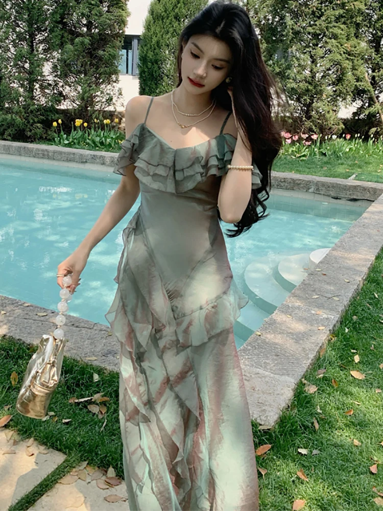 여성 그린 패치워크 러플 V넥 슬링 섹시 드레스 2025 한국 빈티지 럭셔리 댄스 파티 드레스 여름 우아한 이브닝 드레스