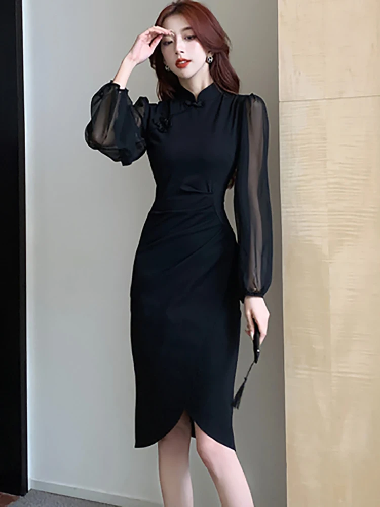 2024 Black Patchwork Mesh Long Sleeve Midi Dress Autumn Winter Pleated Bodycon Prom Clothes Women Korean Vintage Luxury Vestidos