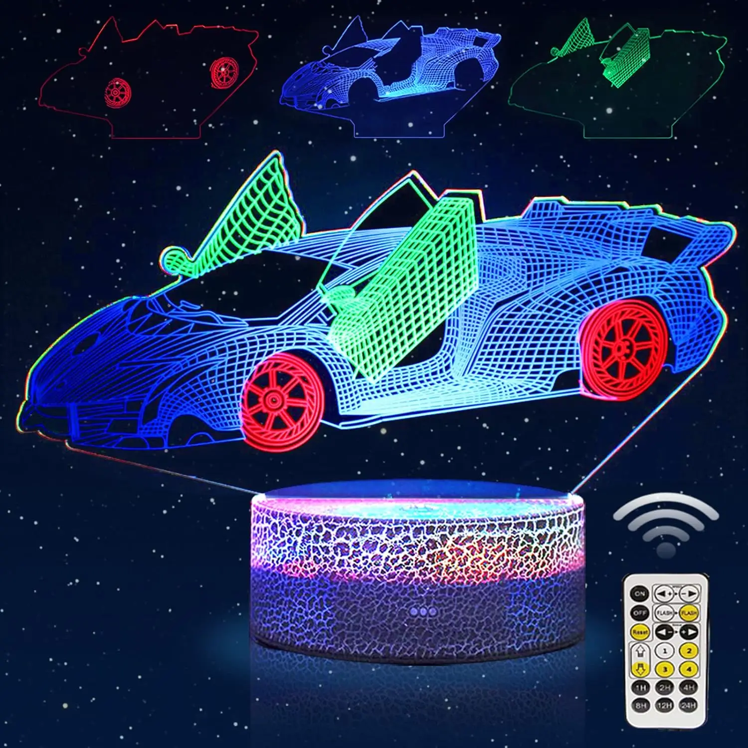 Auto-nachtlampje, 3D-illusielamp Raceauto, 7-kleur veranderende auto-hologramlamp met afstandsbediening en timing, auto's nachtlampje voor kinderen Bo