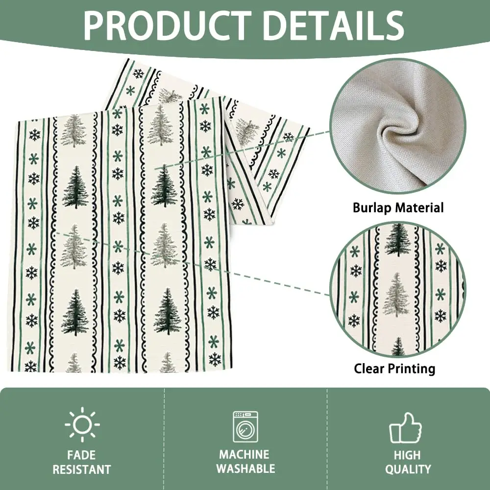 Christmas Tree Table Runner 13x72 Inch,Green Snowflake Stripe Winter Xmas Seasonal Holiday Tabletop Runner for Home Decoration