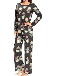 Women Halloween Pajamas Lounge Set Skull Print Long Sleeve Tops and Elastic Waist Long Pants 2 Pieces Loungewear Fall Outfits