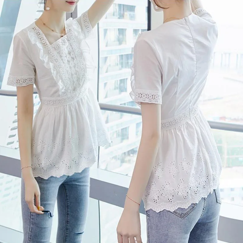 Solid Color Hollow Out Lace Spliced Elegant Women\'s Shirt Summer New Fashion Embroidery Ruffles Female Short Sleeve Slim Blouses