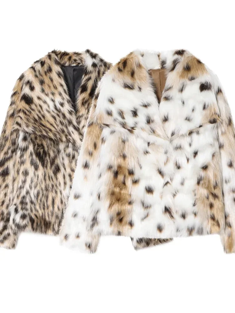 Women Leopard Animal Print Faux Fur Jacket Short Cropped Lapel Collar Spotted Streetwear Leopard Chic 2026 Winter Warm Overcoat