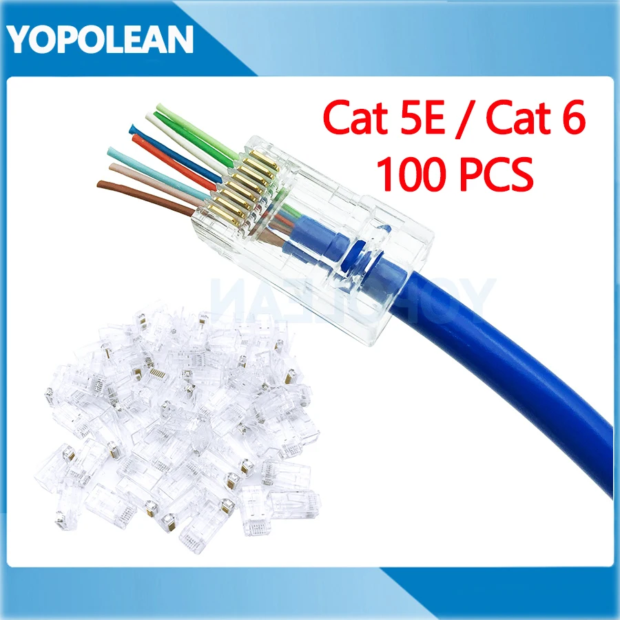 100PCS Cat 5E Cat 6 Network Modular Plug RJ45 8P8C Ethernet Cable Connector End Pass Through