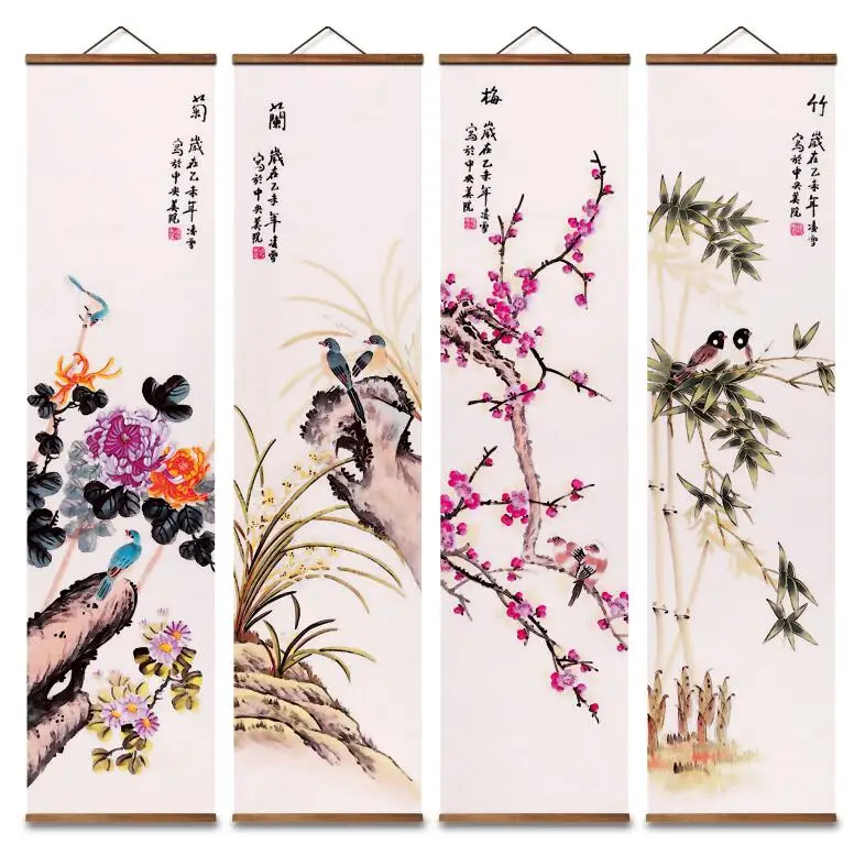 MT0906 Chinese Style flowers plum orchid bamboo chrysanthemum Wall Art Posters Solid Wood Scroll Paintings