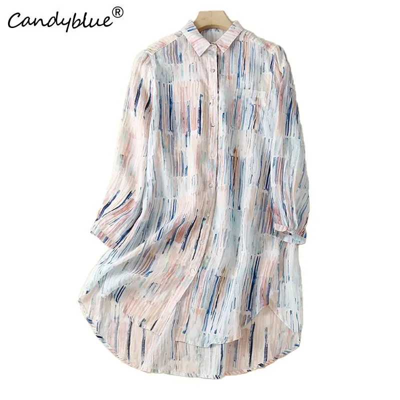 Dress Women\'s 2023 Summer New Abstract Contrast POLO Collar Long Sleeve Cardigan Loose Medium Length Shirt Skirts Female Dress