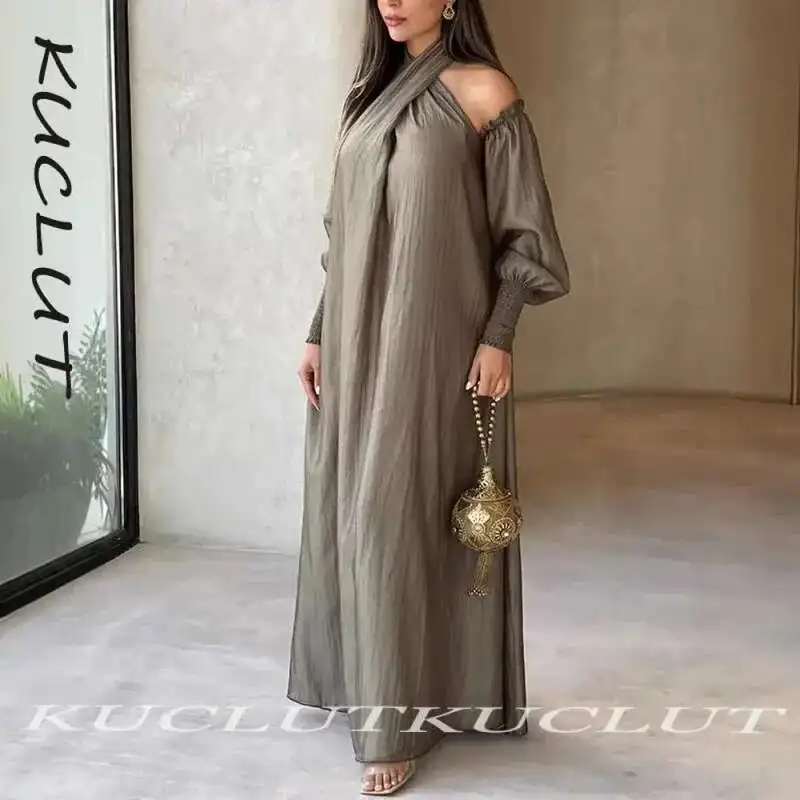 

KUCLUT 2025 New Long Sleeve Halter Neck Women's Dress Loose Off-shoulder Design Fashion Elegant Floor Length Dresses Female K119