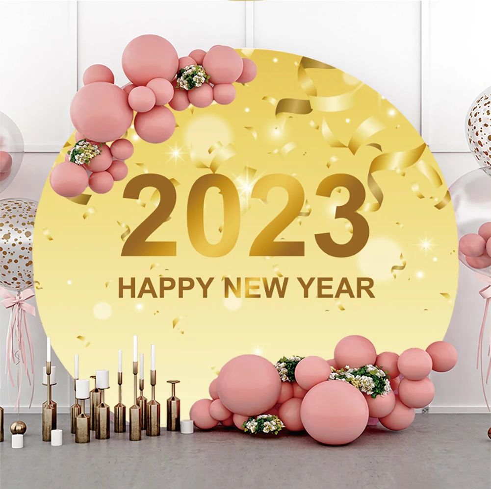 

Golden Cake Smash Happy New Year 2023 Photo Background Glitter Balloon Ribbons Family Celebration Round Backdrop Photography