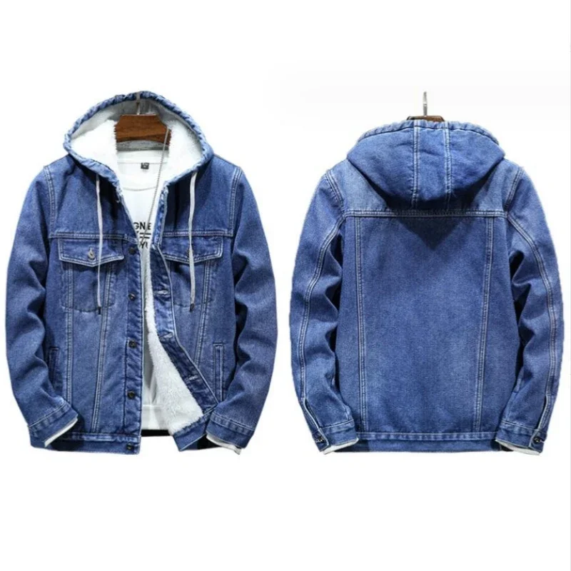 

2023 New Thicker And Warmer Men's Hooded Denim Jacket Winter Lambswool Hooded And Padded Denim Jacket