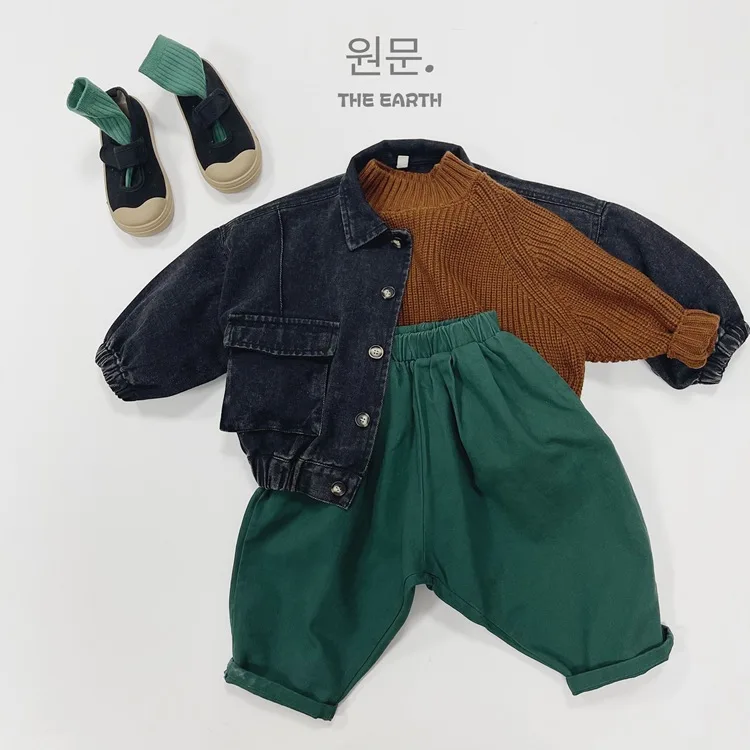 Childrens Boys Denim Jacket Autumn New Korean Solid Color Toddler Boys Cardigan Jacket Retro Pocket Kids Baby Boys Jacket