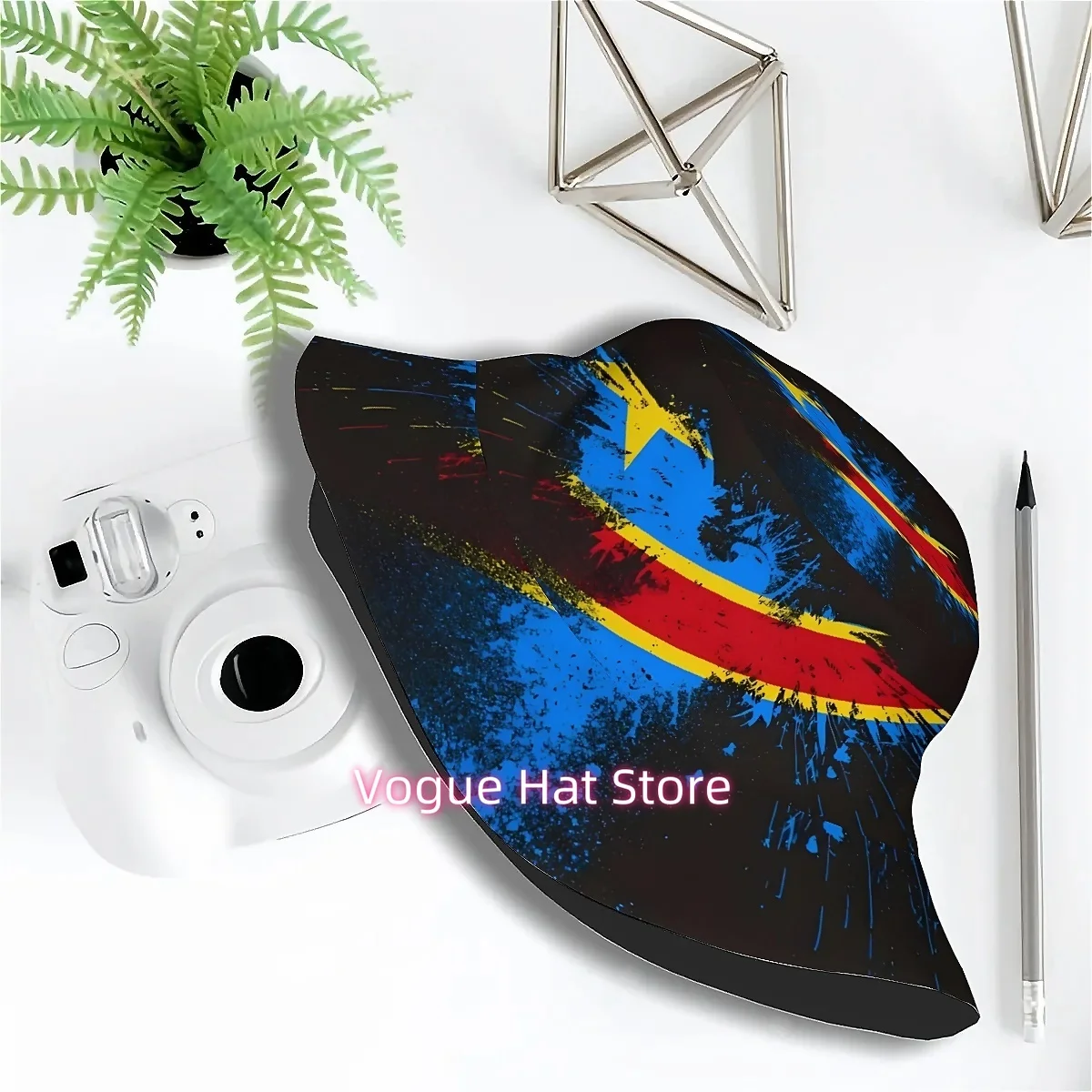 Unisex Printed Fisherman Hat Featuring The Flag of The Republic of Congo with an Eagle And an Ink Splatter Design, Perfect for O