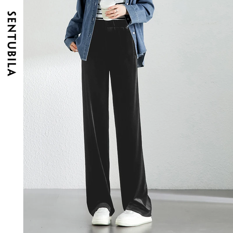 

SENTUBILA Casual Black Velvet Pant for Women 2024 Winter Elastic High Waist Full Length Pants Classic Woman Trouser 143K56967