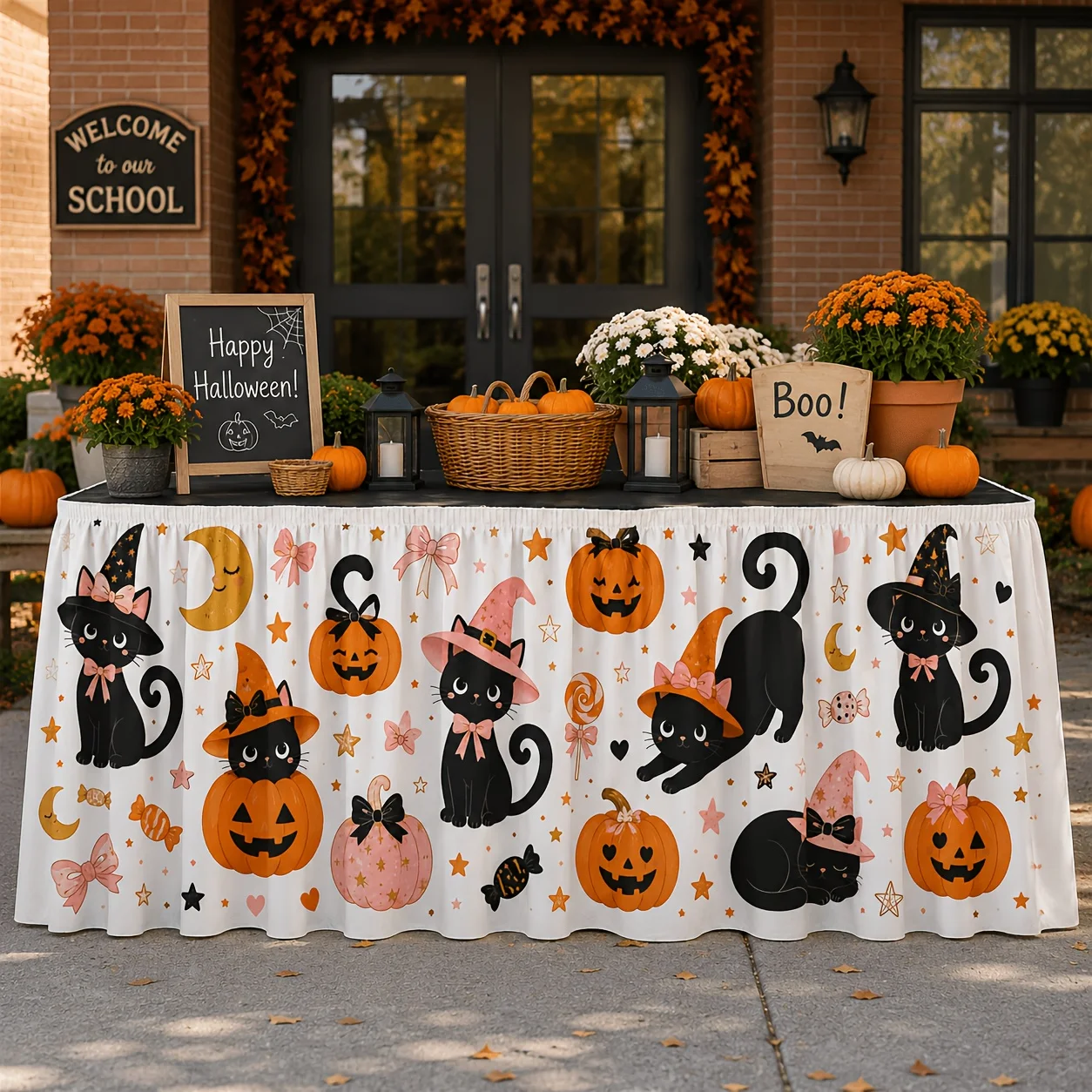 1 piece of 2D flat banner - table cover and table skirt. Cute pink Halloween table skirt, featuring a black witch and cat.zyc