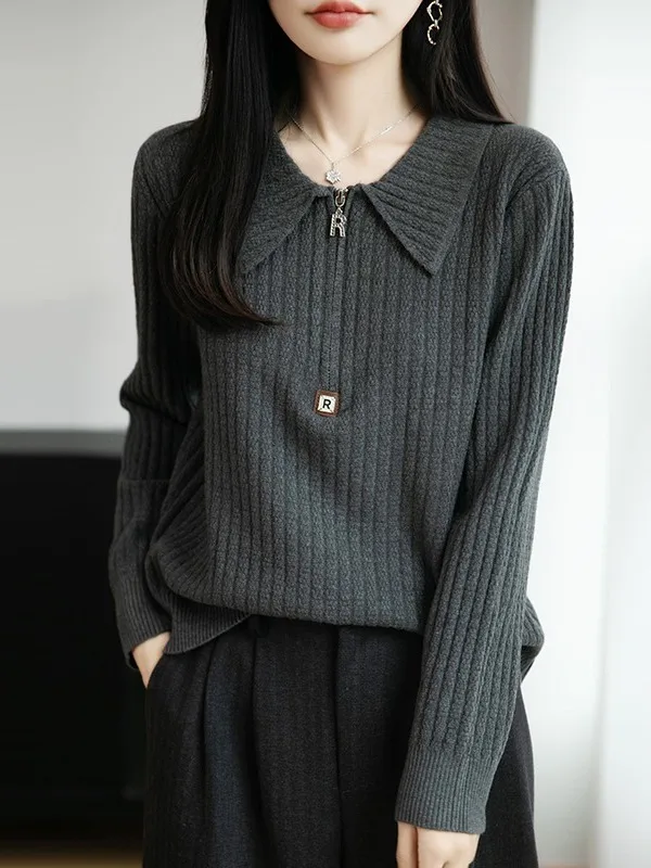 

French Sle Knitted Sweater Women's Long Sve Turn-down Collar f Zip Warm ey System Top Quali Medium Softn Sti...