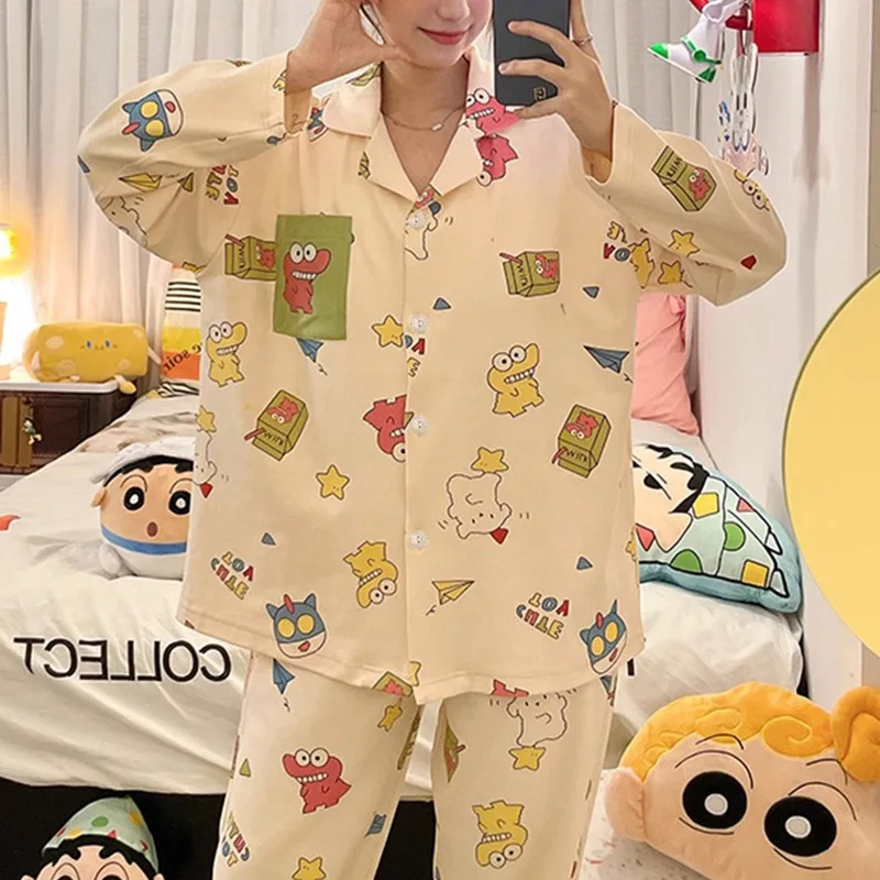 Kawaii Women Cotton Pajamas Suit Cartoon Crayon Shin-Chan Autumn Casual Girls Leisure Homewear Anime Loose Tops Pants Suit