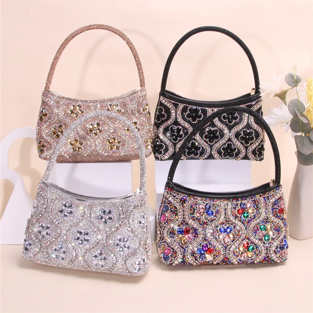 Light luxury handbag dinner single-sided plum blossom diamond hand-held soft bag fashionable high-texture girls hand bag
