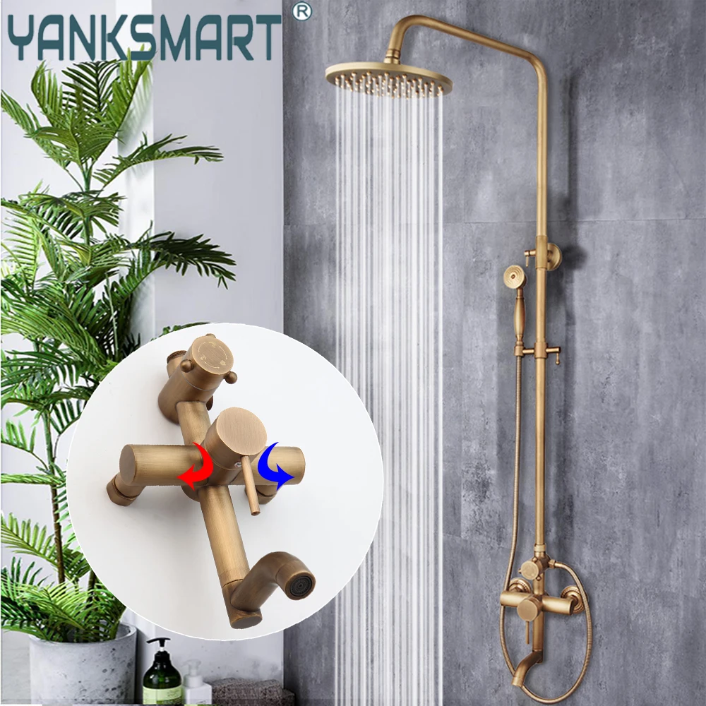 

YANKSMART Antique Brass Bathroom Shower System Set Wall Mount Chuveiro 8" Rain Shower Head Single Handle w/ Handshower Combo Kit