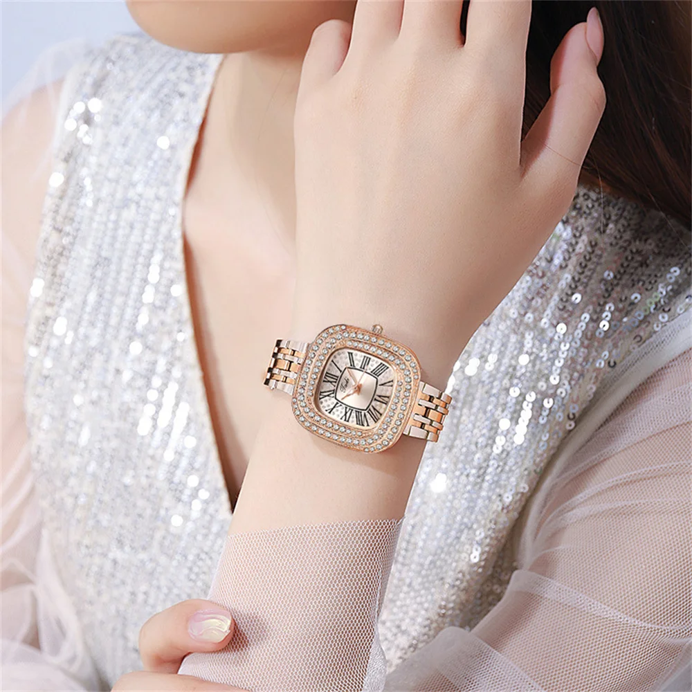 Luxury 2024 Simple Roman Square Full Star Diamonds Ladies Quartz Watch Business Stainless Steel Women\'s Dress Clock Wristwatch