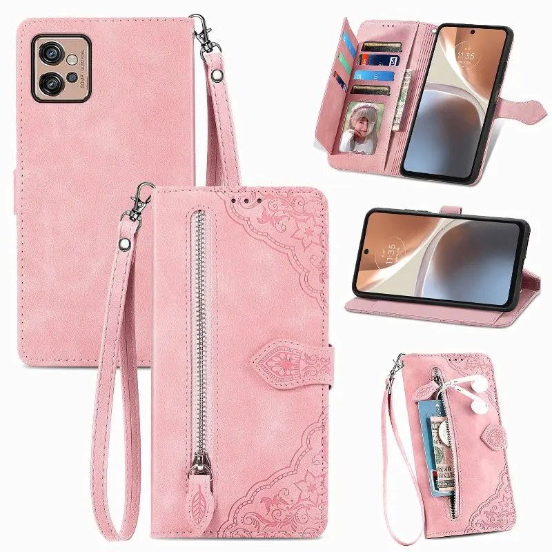 

Embossing Leather Zipper Wallet Multi Cards Phone Case For Motorola G Stylus G Power G 5G Plus One 5G UW ACE Magnetic Flip Cover