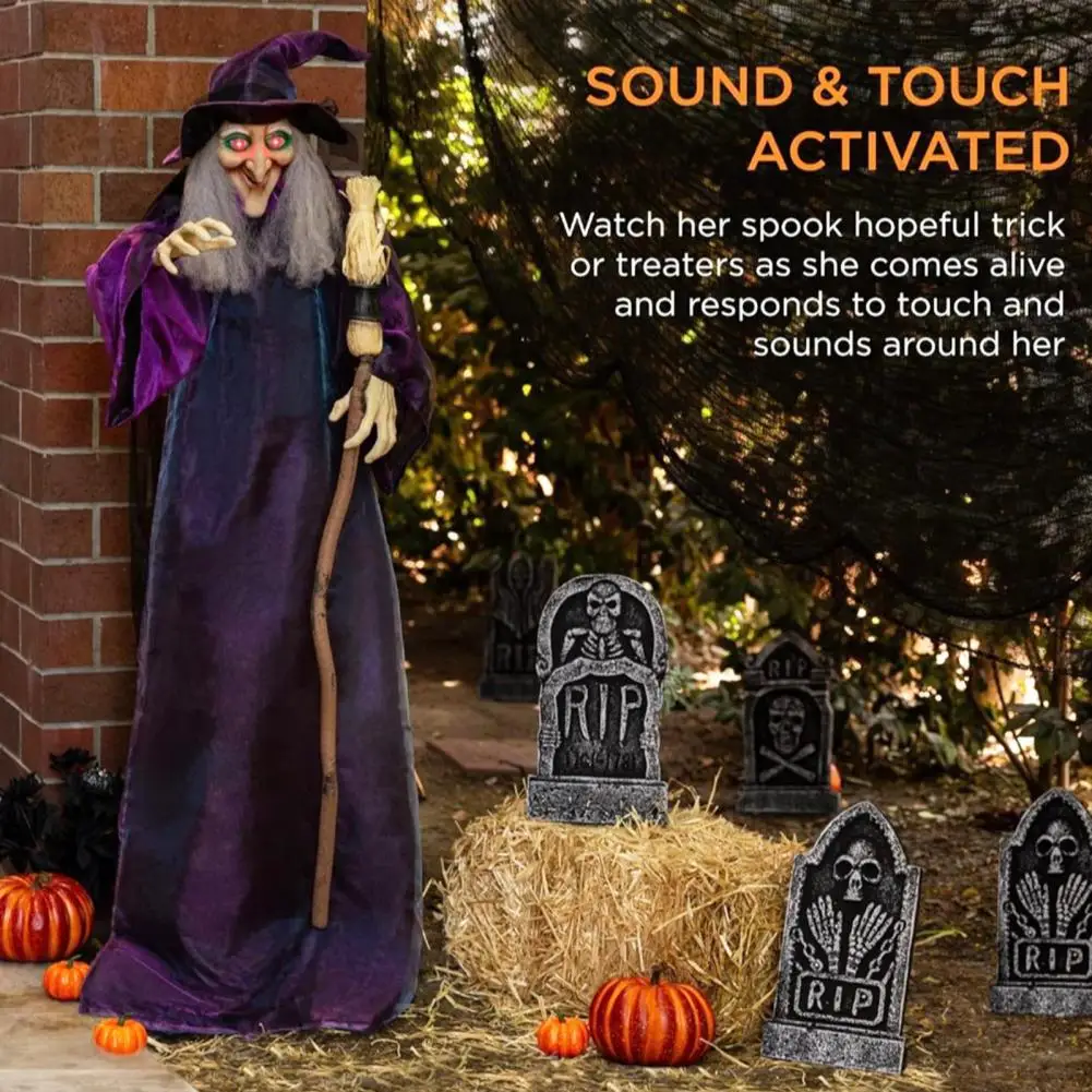 Ornamento de bruxa com olhos led assustador adereços de bruxa de halloween estátua de bruxa má com som de olhos brilhantes 5 pés pairando para festa