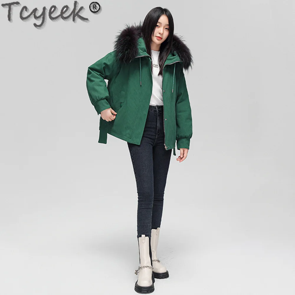 Mapache Tcyeek-Parka con forro de conejo Rex para mujer, abrigos de piel auténtica, chaquetas de invierno, ropa con capucha, 2024