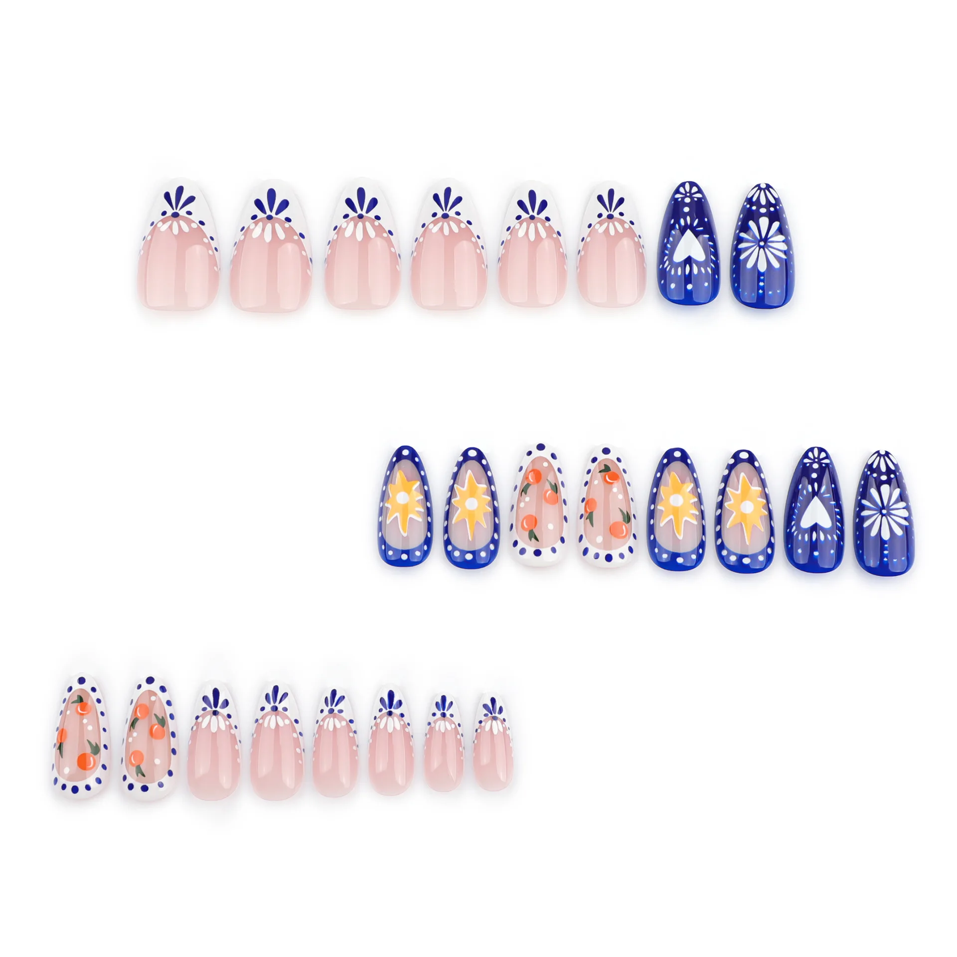24 STKS Amandel Druk op Nagels met Liefde Blauw Wit Vuurwerk Bloemenprint Manicure Franse Zoete Kleur Ontwerp Verwijderbare Kunstnagels