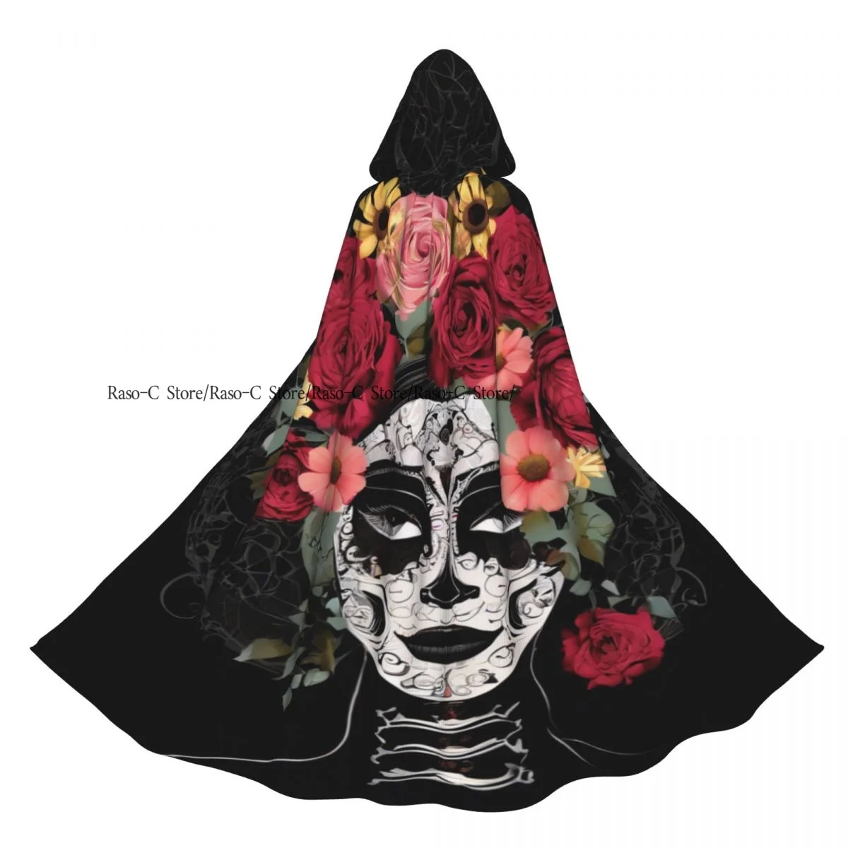 

Плащ для взрослых, накидка с капюшоном Санта-Муэрте с пионами, День мертвых, средневековый костюм, ведьма, Викка, вампир, эльф, Пурим, карнавальная вечеринка