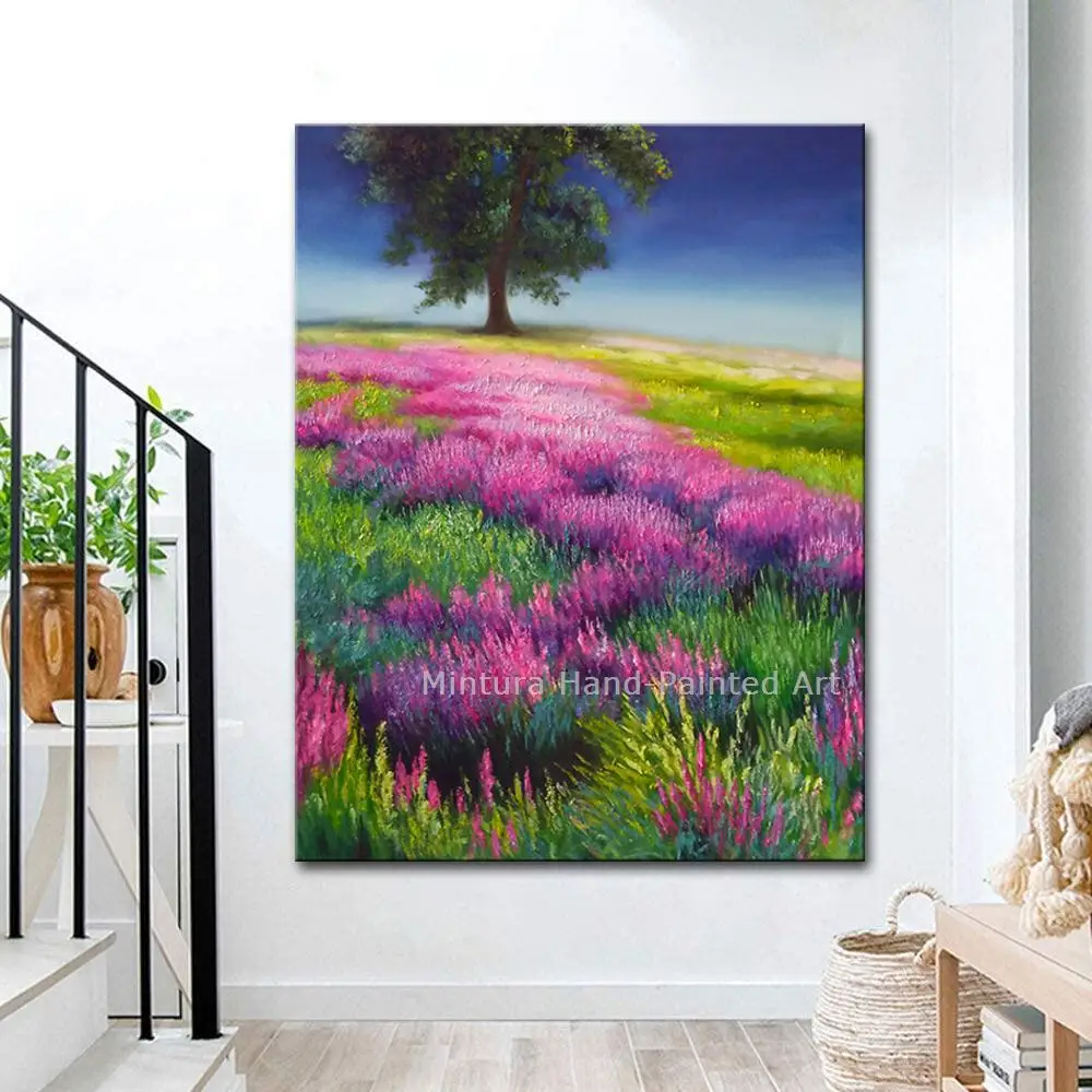 Mintura,Large Artwork Handpainted Tree Lavender Floral Landscape Oil Painting On Canvas,Wall Arts Picture Living Room Home Decor