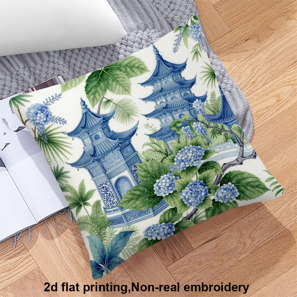 Chinoiserie Blue Pagoda Hydrangea Throw Pillow Cover Oriental Garden Floral Cushion Case Home Decor Pillowcase