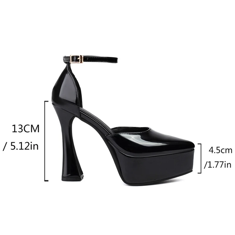 ORCHA LISA Women Pumps 4.5cm High Platform 13cm High Heel Ankle Strap Faux Patent Leather Pointed Toe Sexy Big Size 44 45 46 47