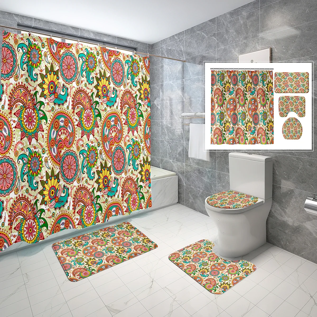 

4 Pcs Bohemian Style Shower Curtain Sets Floral Style Illustration Non-Slip Bath Mat Toilet Cover Waterproof Shower Curtain Set