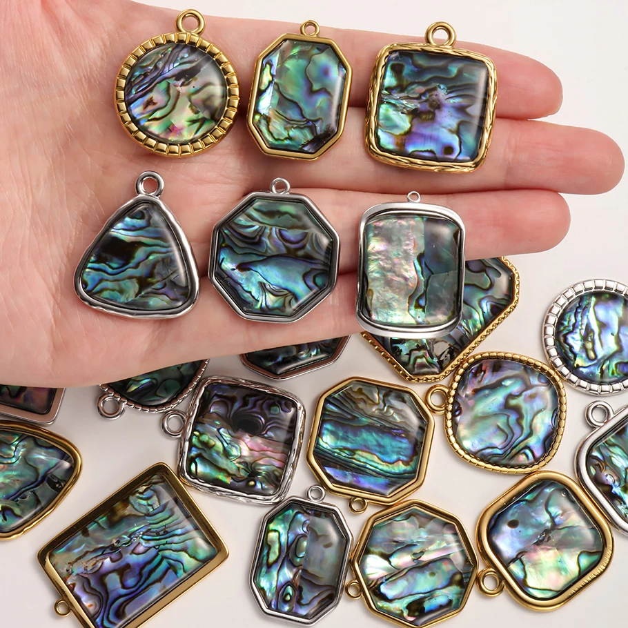 3pcs/lot Natural Abalone Shell Stainless Steel Pendants Various Shape Round Rectangular Triangular Hexagonal Charms DIY Jewelry