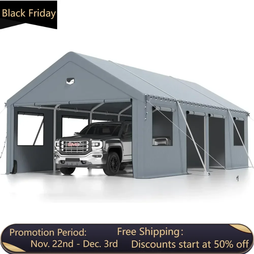 13X25 heavy-duty portable carport garage, carport roof with side doors, all-weather outdoor car shelter