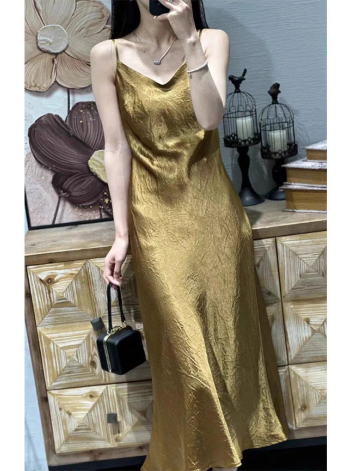 Retro Acetate Satin Dr Women's Summer High Waist V-Ne Midi Strapl Dr Slimming A-Line Gown Vintage Sle Pure Color