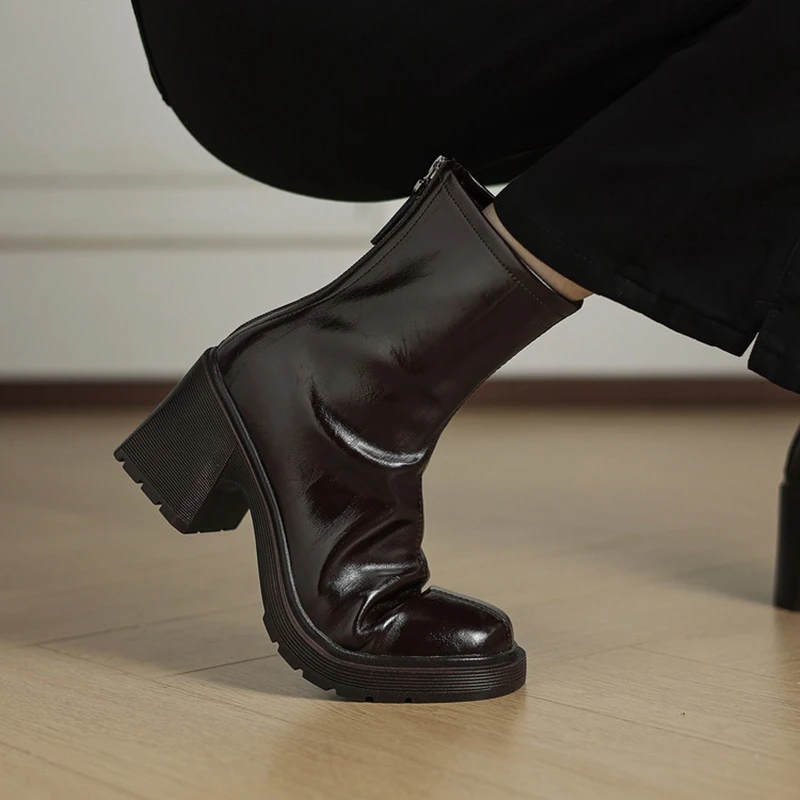 

Women's new autumn and winter genuine leather cowhide round toe and calf high-heeled zipper thick soled Chelsea short boots