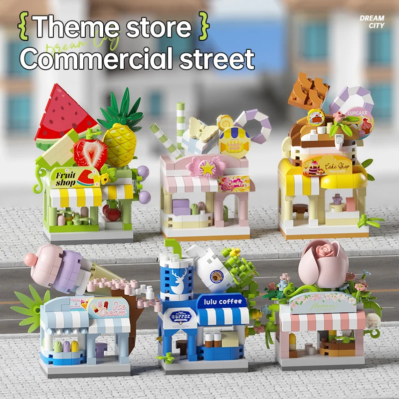 City Street View Mini Commercial Street Building Block, fai da te Flower Shop Coffee Fruit Cake House Assembly Toys, per i regali dei bambini