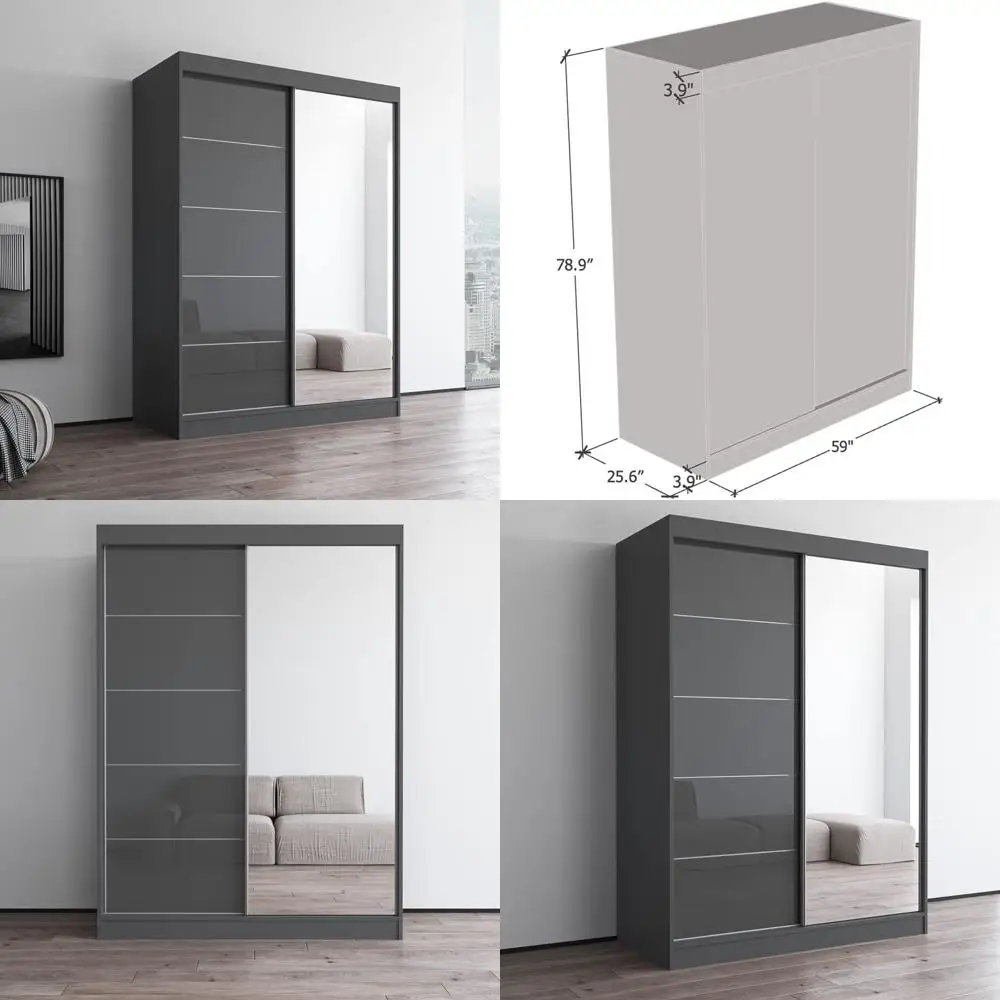 

59 Mirrored 2D Armoire-Style Closet Organizer for Bedroom - Space-Saving Clothes Storage with Shelves in Gray