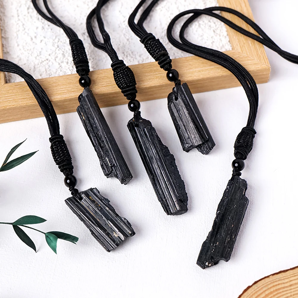 Colar de cristal de turmalina preta crua natural, corda trançada ajustável pingente de pedra de cura joias da moda para mulheres e homens