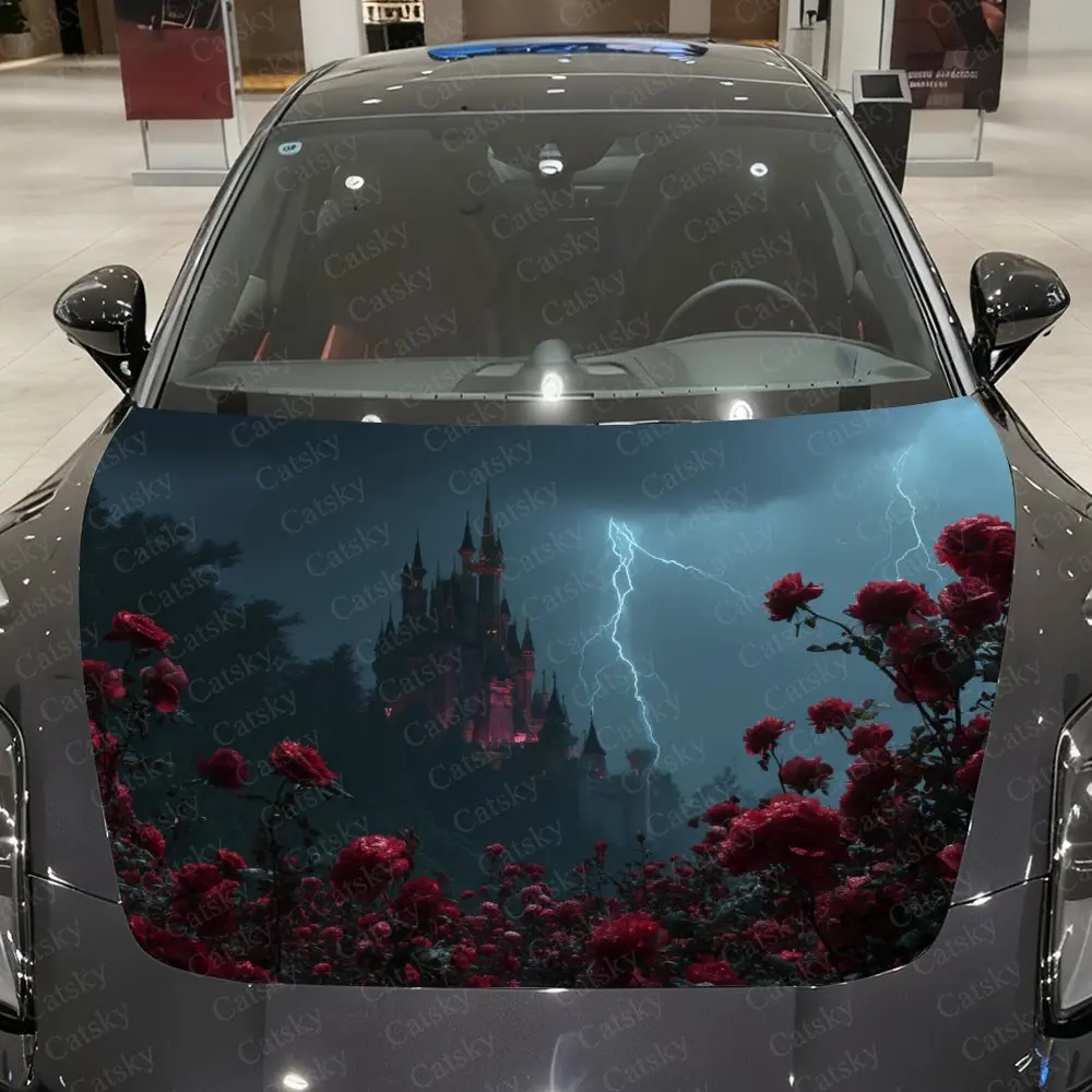 

Rose And Blood Moon Castle Car Hood Decorative Stickers. It Enhances The Aesthetic Of The Vehicle And Can Be Easily Applied To M