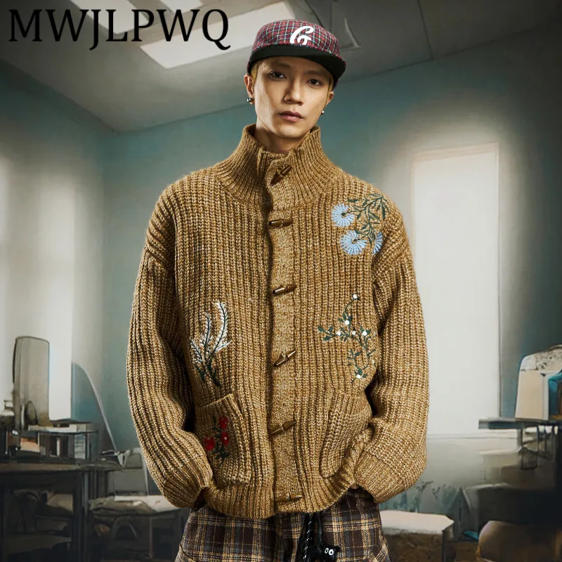 

MWJLPWQ Embroidery Color Embroidered Loose Half Turtleneck Knitted Cardigan Sweater Male Casual Coat Warm Winter Unisex 12536